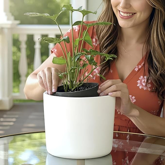 Willowy 9 Inch Matte White Ceramic Planter with Drainage - Ceramic Plant Pots for Indoor, White Indoor Planter, Flower Pot, 9 Inch Plant Pot