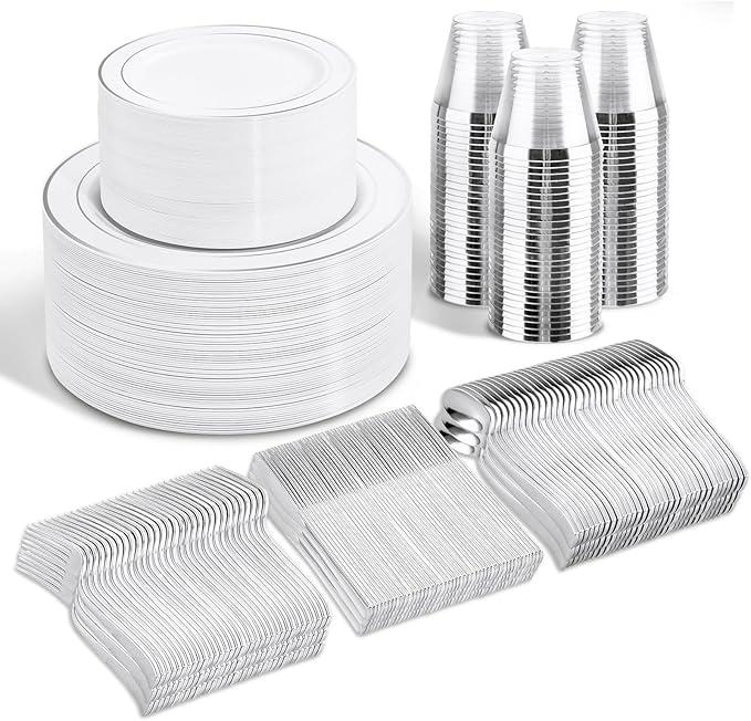 WELLIFE 300Pcs Silver Elegant Plastic Dinnerware Set for 50 Guests - Premium Disposable Party Supplies Includes Dinner Plates, Salad Plates, Cups & Flatware Set for Wedding, Anniversary, Banquet