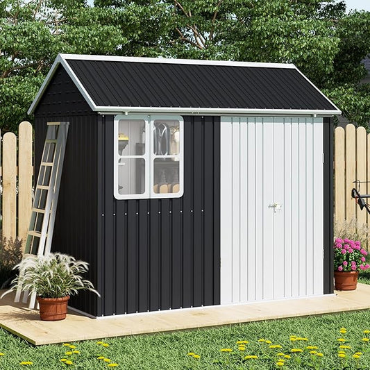 VanAcc 8.6x6x8 FT Outdoor Storage Shed with Lockable Hinged Double Doors and Upgraded Vents, Metal Shed for Backyard, Garden, Patio, Dark Black/White