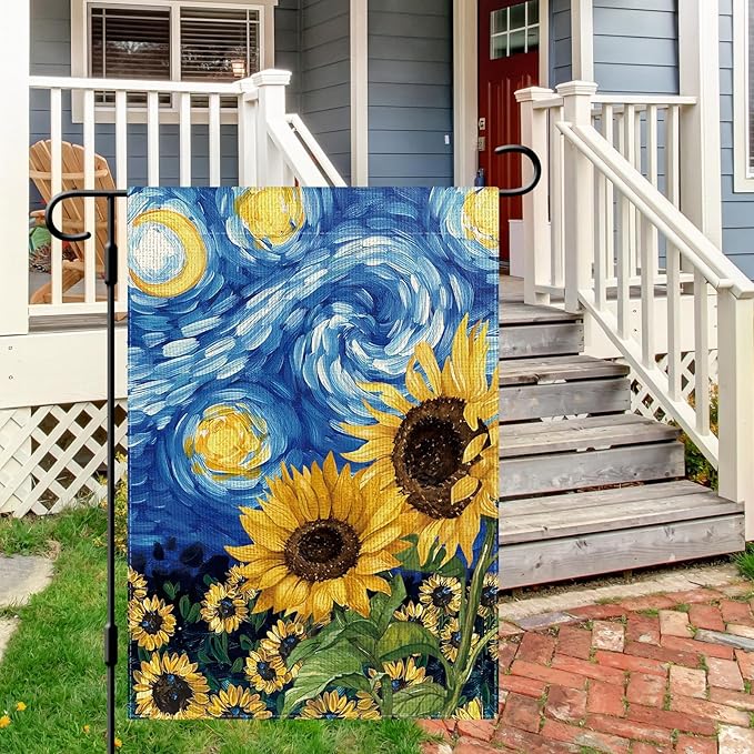 DLZDN Sunflower Garden Flag Starry Night Sunflower Garden Flags 12×18 Inch Double Sided Vertical Burlap Farmhouse Yard Flag Spring Summer Seasonal Outdoor Decor