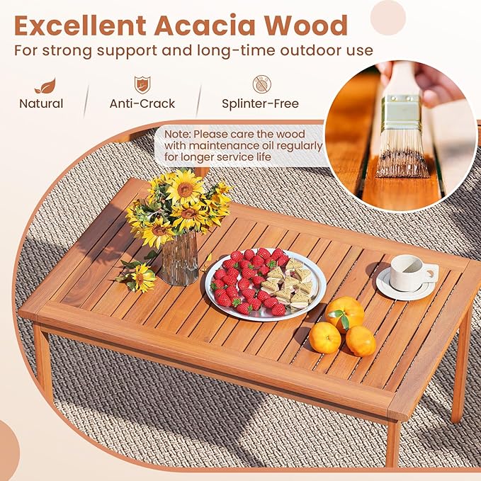 Tangkula Acacia Wood Patio Conversation Set, Outdoor Wooden Cushioned Chairs & Slatted Coffee Table Set,for Backyard, Porch, Balcony, Poolside and Lawn (Off White,2)