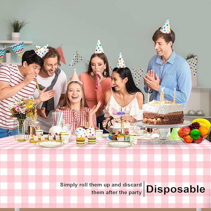 6 Pack Pink and White Checkered Tablecloth, Pink Plastic Table Cloths for Parties Disposable, 54x108 in Waterproof Rectangular Pink Gingham Camping Tablecloth for Birthday, Party, Baby Shower