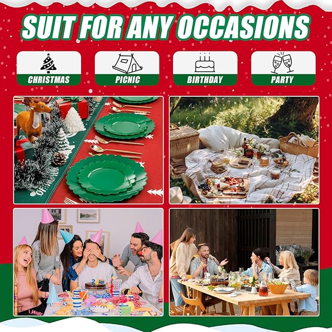 SUT 72Pcs Green Plastic Plates, 10.25inch Green Dinner Plates, Disposable Dinner Plates, Green Heavy Duty Plastic Plates, Disposable Plates, Green Scallop Plates for Occasion
