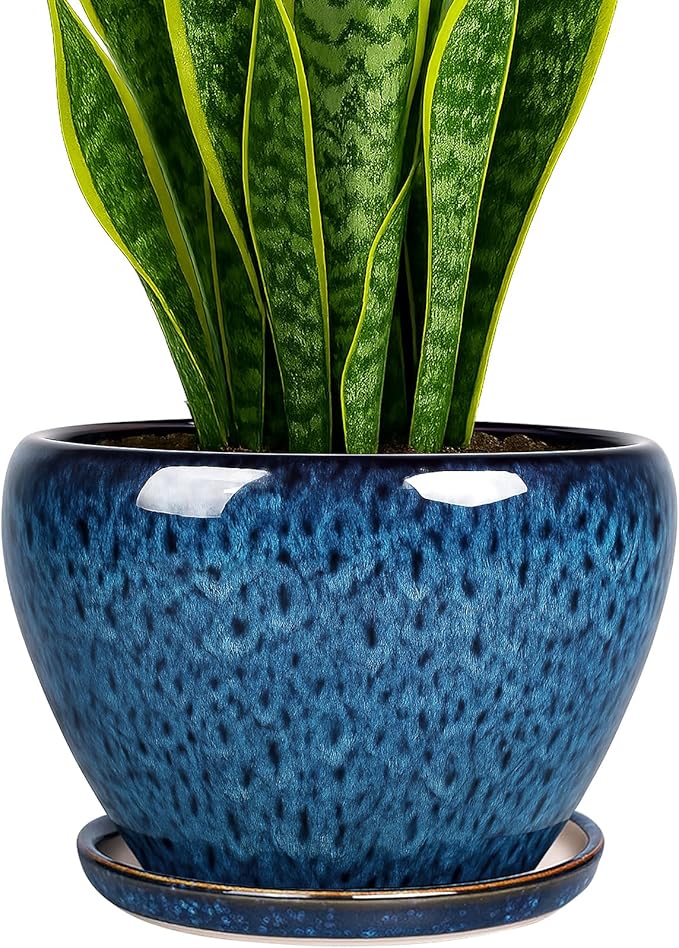 Deep Dream 8 Inch Plant Pots- Ceramic Pots for Plants with Drainage Hole and Saucer, Large Planter Pot for Indoor Plants Outdoor Decor, Blue