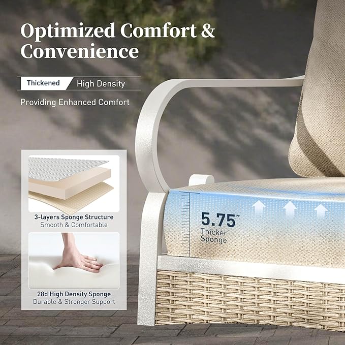 4 Piece Metal Outdoor Patio Furniture Set, Patio Conversation Sets 1 3-seater Sofa, 2 Single Sofa with 5.75" Extra Thick Cushion and Coffee Table, White Frame Backyard Furniture, Beige