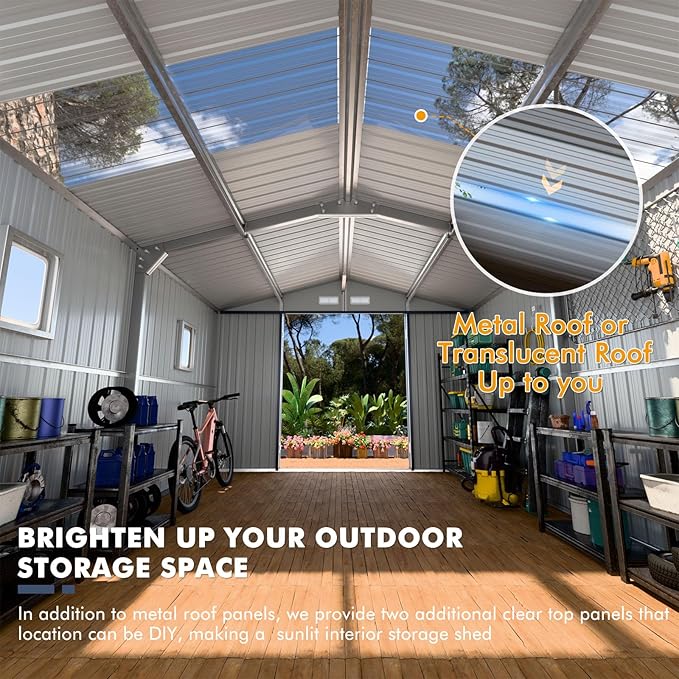 Metal Shed 10x12x7 FT, Sheds Outdoor Storage with Reinforcement, Natural Lighting Tool Sheds with Translucent Roof Panels, Windows, and Lockable Doors, Ideal for Garden, Backyard, and Patio