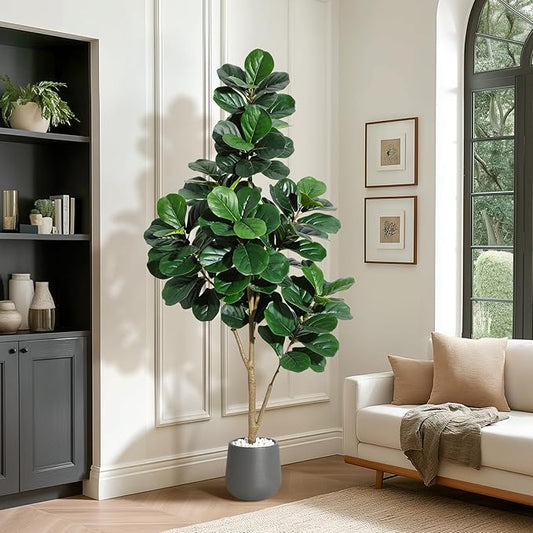 6FT Fiddle Leaf Fig Tree Artificial with 108 Leaves - Realistic Faux Ficus Lyrata Trees in 9" Grey Planter Pot, Indoor Fake Floor Plants for Home Office Living Room Decor, Housewarming Gift