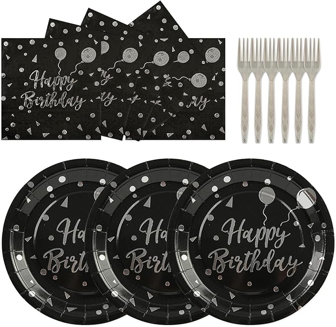 75PCS Happy Birthday Paper Plates - 7 Inch Black Sliver Dot Paper Plates and 6.5 Inch Napkins with 6.3 Inch Sliver Forks Disposable Tableware Set for Birthday Party Decorations, Serve 25
