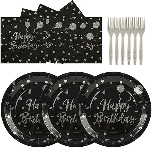 75PCS Happy Birthday Paper Plates - 7 Inch Black Sliver Dot Paper Plates and 6.5 Inch Napkins with 6.3 Inch Sliver Forks Disposable Tableware Set for Birthday Party Decorations, Serve 25
