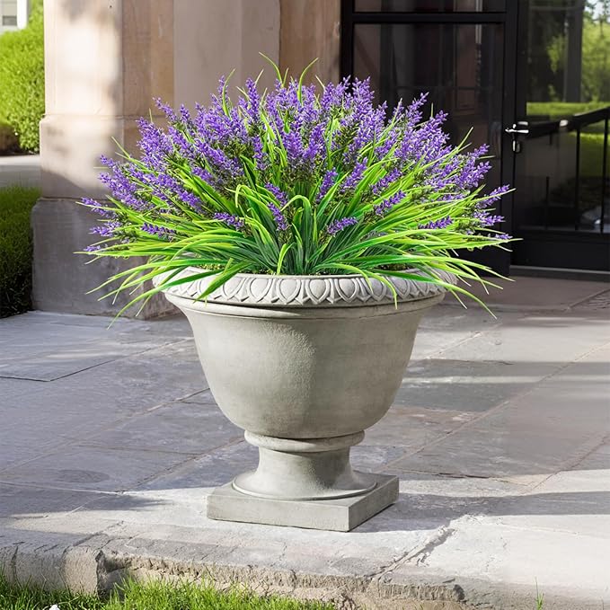 12 Bundles Artificial Plants Outdoor, 18.2" UV Resistant Faux Monkey Grass Greenery Stems No Fade Faux Plastic Flowers Shrubs for Home Weddings Garden Porch Front Patio Office Decor - Purple