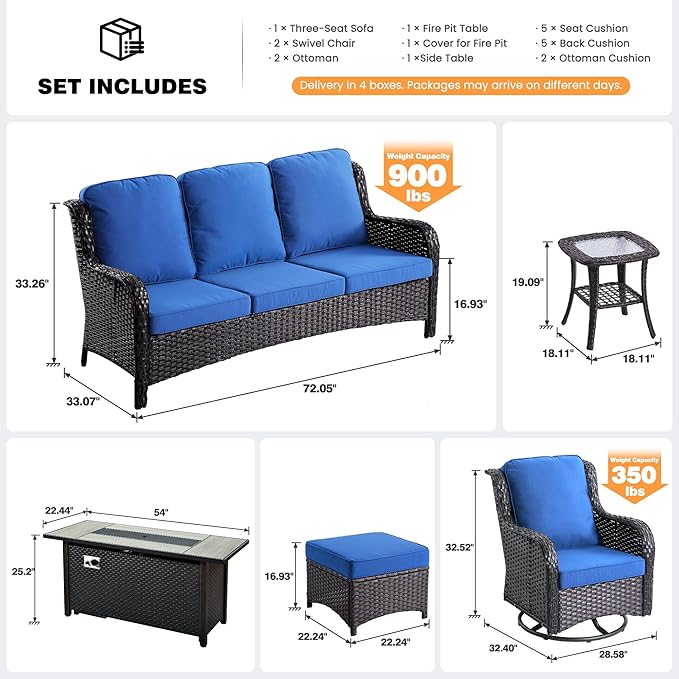 ovios 7 Pieces Patio Furniture Set, Outdoor Wicker Sofa Couch with Swivel Chairs 54" Fire Pit Table, All Weather High Back Modern Conversation Sets, Brown Rattan, Navy Blue