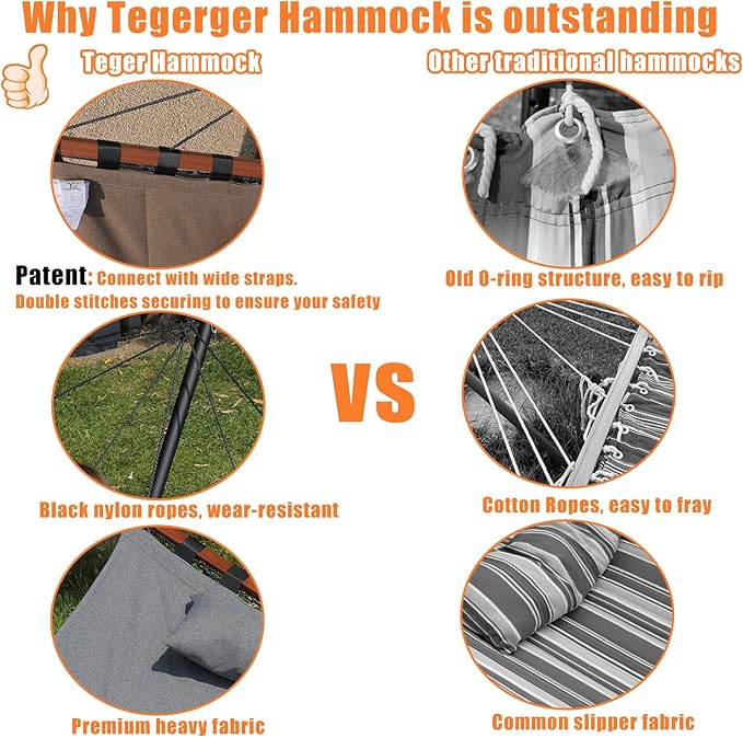 TegerDeger 12FT 2 Person Hammock with Stand Included 55 x 79IN Large Hammock 450LB Capacity with Hardwood Spreader Bar & Nylon Rope for Outside, Patio, Garden, Backyard, Beach, Poolside - Gray