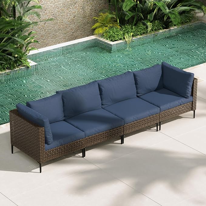 Grand patio 4-Piece Wicker Patio Furniture Set, Retro Outdoor Sectional Sofa with Water Resistant Blue Thick Cushions (Coffee Table Not Included), Brown