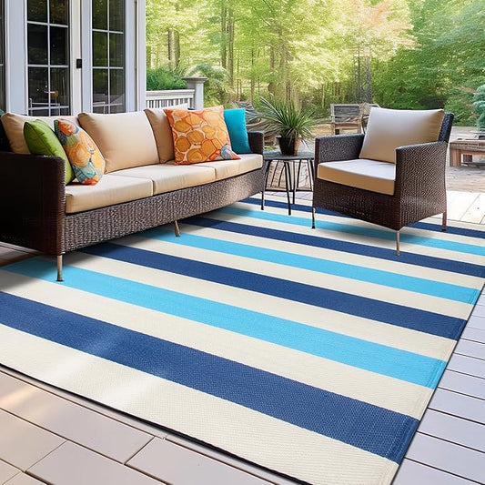 Rugshop Contemporary Stripe Reversible Crease-Free Waterproof Premium Recycled Plastic Outdoor Rugs for Patio,Backyard,RV,Deck,Picnic,Trailer,Beach,Camping,Sunroom Blue 7'10" x 10'