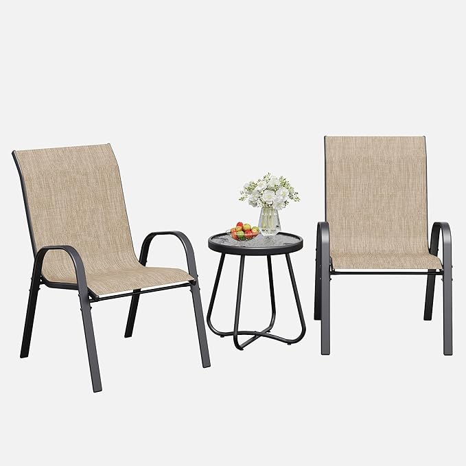 Patio Table and Chairs Set - 3 Piece Outdoor Stackable Dinging Chairs for All Weather,Breathable Garden Furniture for Deck Garden Backyard (Brown)