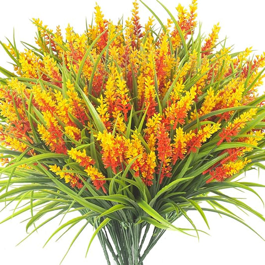 20 Bundles Artificial Plants Outdoor Fake Monkey Grass with Flowers (Orange Red)
