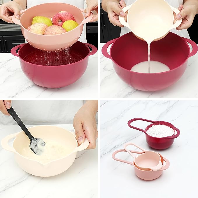 COOK WITH COLOR Nesting Bowls with Measuring Cups Colander and Sifter Set - Includes Mixing Bowls, Colander, Sifter and Measuring Cups, Rose, 8 Pc Bowl
