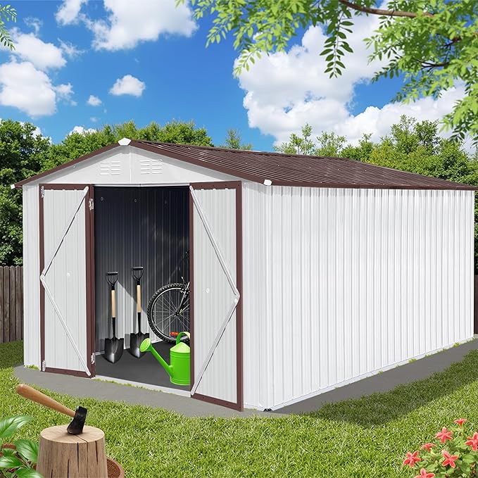 Sheds & Outdoor Storage 12 ft × 10 ft Storage Shed Large Classic Apex Roof Metal Garden Storage Sheds with Hinged Door Tool Cabinet for Backyard, Patio, Poolside, White + Coffee