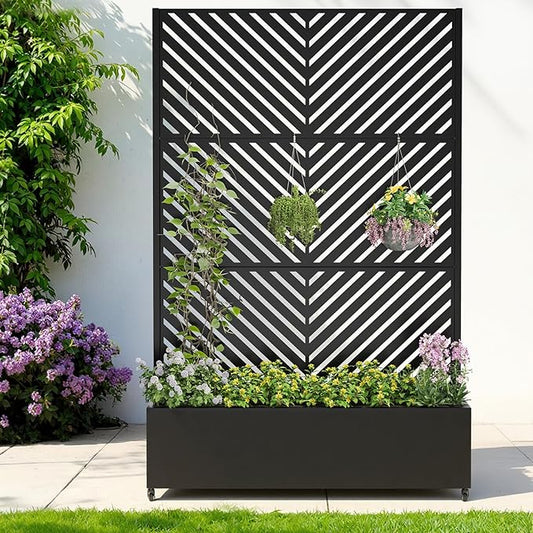 Metal Raised Garden Bed with Trellis & Wheels,70" x 47"x 15.7" Planter Box with Trellis,Privacy Planters for Patio,Garden Bed for Climbing Plants,Suitable for Climbing Plants and Vegetables,Black