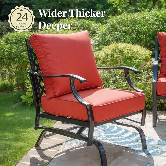 Patio Furniture Set 6 pcs, Outdoor Patio Furniture, 3-Seat Sofa, 2 Rocking Chairs, 2 Ottomans, Coffee Table and 5.75" Extra Thick Cushion, Conversation Set for Backyard Deck, Red