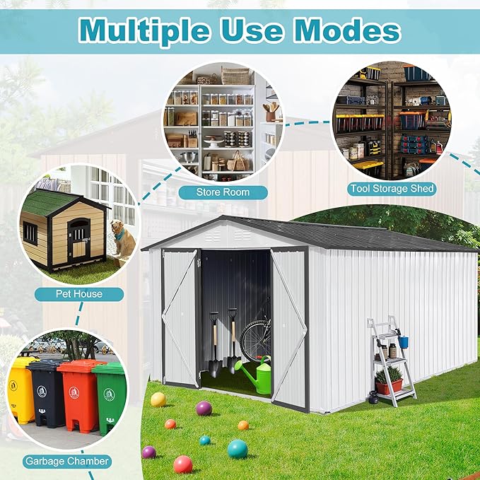 Sheds & Outdoor Storage 12 ft × 10 ft Storage Shed Large Classic Apex Roof Metal Garden Storage Sheds with Hinged Door Tool Cabinet for Backyard, Patio, Poolside, White + Gray