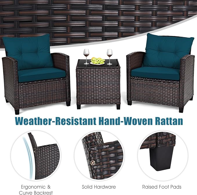 HAPPYGRILL 3 Pieces Patio Conversation Set, Outdoor Furniture Set PE Rattan Sofa Set with Removable Cushions, PE Wicker Chairs with Tempered Glass Side Table for Porch Lawn Garden Balcony Backyard
