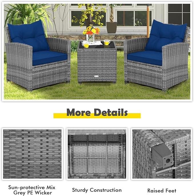 HAPPYGRILL 3 Pieces Patio Conversation Set, Outdoor Furniture Set PE Rattan Sofa Set with Removable Cushions, PE Wicker Chairs with Tempered Glass Side Table for Porch Lawn Garden Balcony Backyard