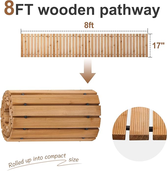 FILWH Wooden Garden Pathway Outdoor Roll-Out Walkway Weather-Resistant Fir Wood Curved or Straight Boardwalk Decorative Garden for Backyard,Beach,Wedding Party Pathways (Natural, 8FT Straight)