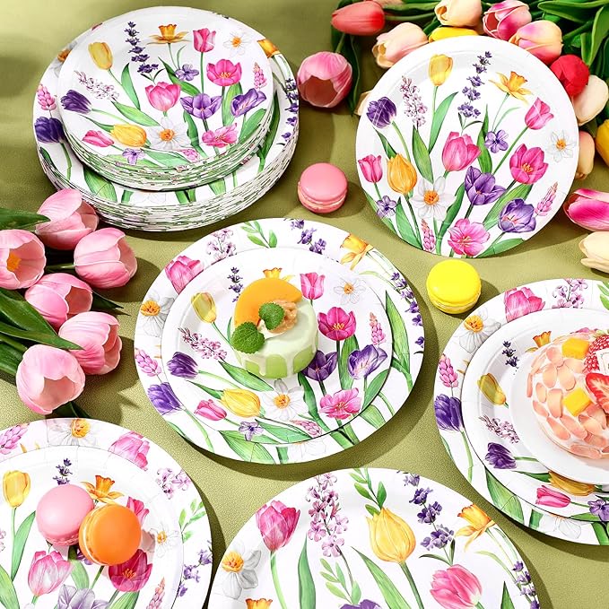 Mumufy 100 Pack Wild Floral Paper Plates Flower Dinner Decoration 9" & 7" Disposable Watercolor Dessert Plates for Wedding Birthday Baby Shower Bridal Tea Party Supplies(Tulip Flowers)