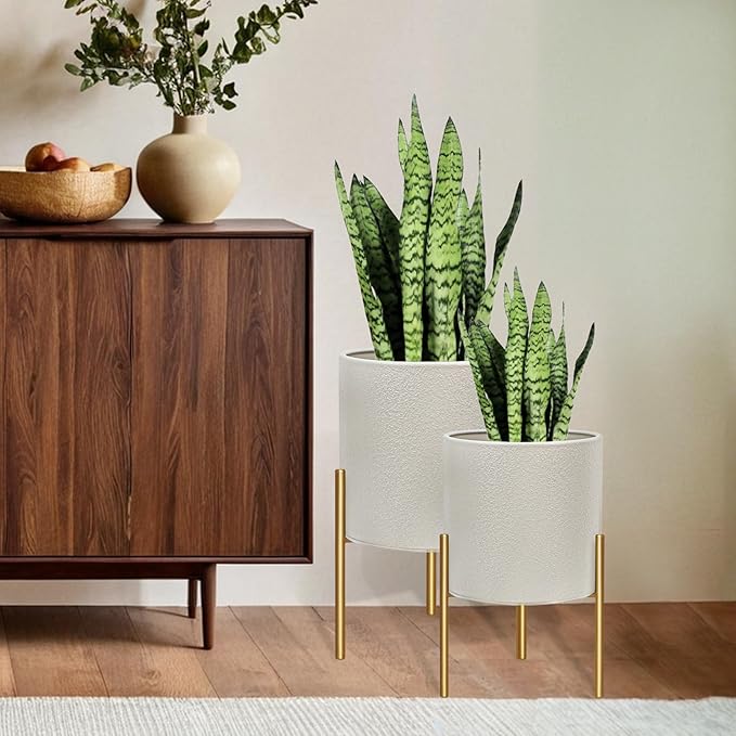 ARNIS Modern Planter Pots, Large Planters with Stand, Set of 2 Metal Planters for Plants with Drainage Holes for Living Room, Office, Garden or Balcony, 8.25 &10.5 Inch, Grey