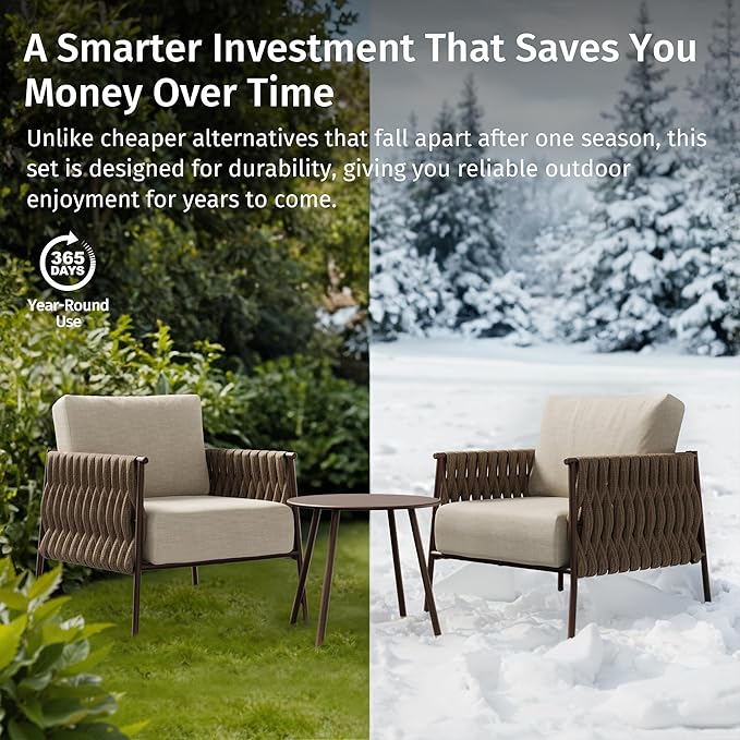 EAST OAK 3-Piece Patio Furniture Set | Armchairs & Coffee Table | Outdoor Furniture with Cushions | Deep Seating Modern Conversation Set | Garden, Porch, Balcony & Backyard | Chestnut & Apricot