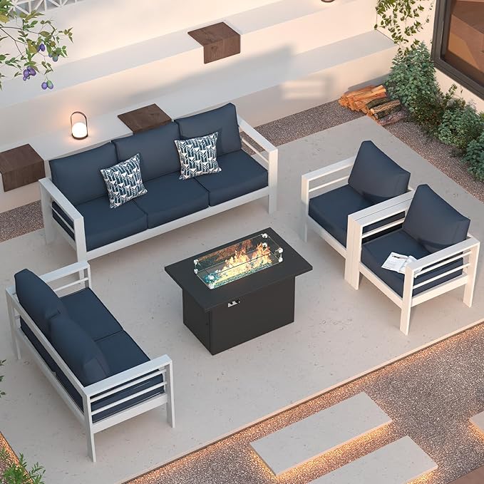 Patio Furniture Set with Fire Pit Table, Aluminum Patio Furniture Set,Blue Outdoor Metal Sectional Sofa with Aluminum Fire Pit Table for Garden Backyard (Include Waterproof Cover)