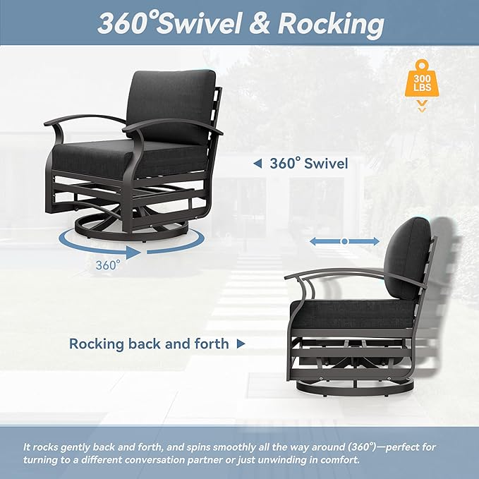 Kurapika 5 Piece Modern Metal Outdoor Conversation Sets, Patio Furniture Set, 4 Aluminum Swivel Chairs w/48in Round Propane Fire Pit Table and Thickened Cushions, Black