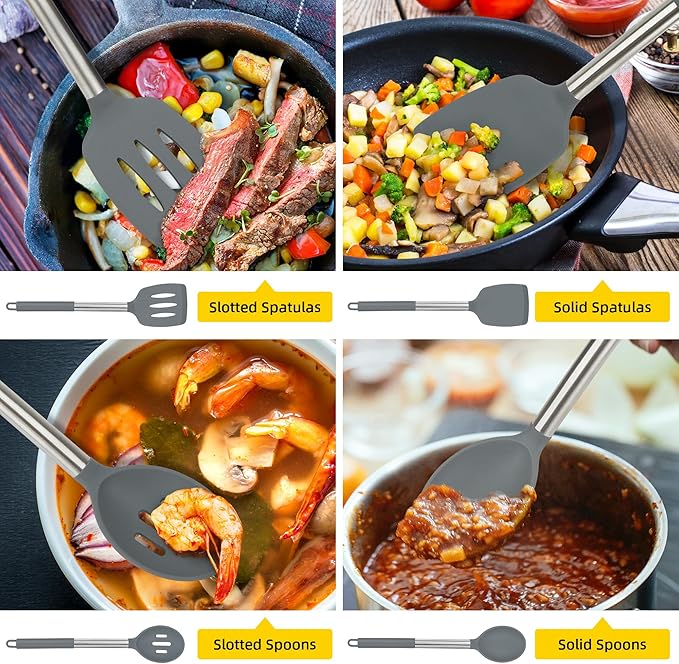 4 Pack Silicone Utensils Set, Non Stick Solid Spatulas, Heat Resistant Blue Slotted Spoons with Stainless Steel Handle, BPA Free Cooking Turner for Stir-Fry, Frying, Mixing, Serving,Draining,Turning