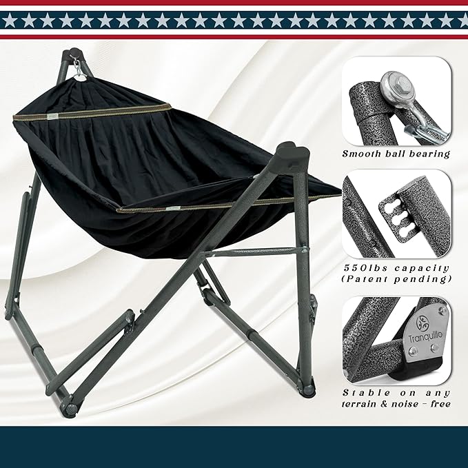 Tranquillo Uniki Collapsible Hammock, Folding Camping Hammock and Stand, 550 lbs Capacity Hammock with Stand, Heavy Duty Folding Hammock for Indoor Outdoor, Black
