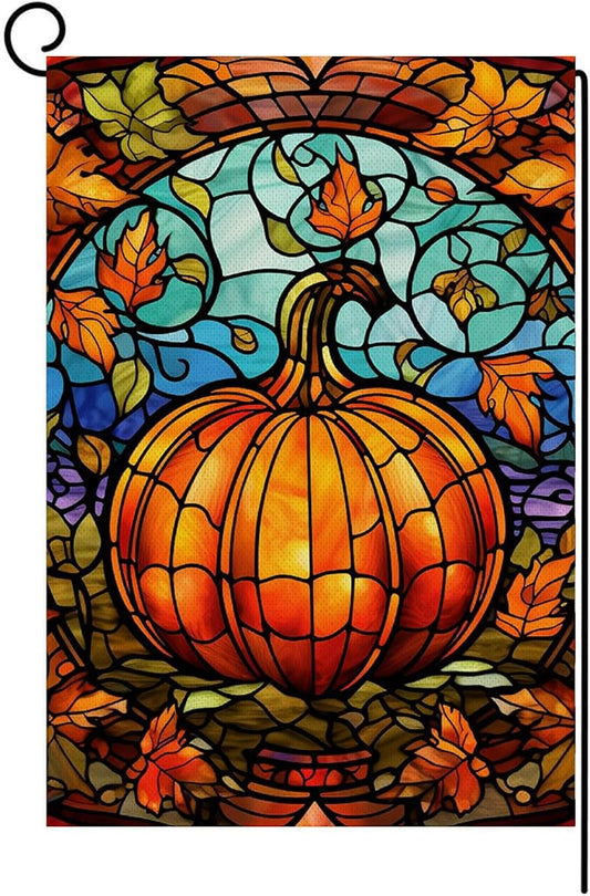 Fall Stain Glass Style Garden Flag 12 x 18 Inch Vertical Double Sided Fall Pumpkin Maple Leaves Small Yard Flag, Thanksgiving Autumn Harvest Holiday Outdoor Decoration