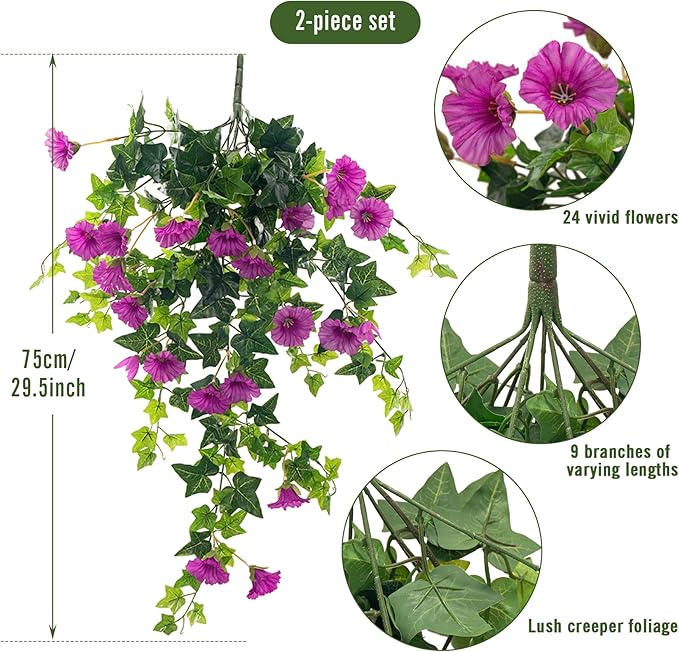 Artificial Flowers Faux Outdoor Plants Artificial Petunias for Outdoors Uv Resistant Fake Petunias Plants Hanging Flower Patio Decor Outside Basket Realistic Silk Plant No Pot(Purple 2pcs)