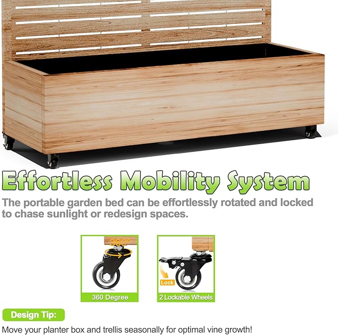 15.7"×70.9"×47.2" Metal Raised Garden Bed with Trellis and Wheels - Tall Trellis Planter Box for Climbing Plants, Vegetables & Vines - Outdoor Privacy Planters for Patio (Acacia Wood Grain-Louvered)