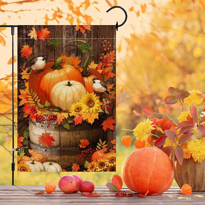 Fall Thanksgiving Pumpkin Garden Flag with LED Lights, Halloween 12 x 18 Inch Double Sided Vertical Burlap Cardinals Bird Fall Garden Flag for Seasonal Holiday Outdoor Yard Decoration