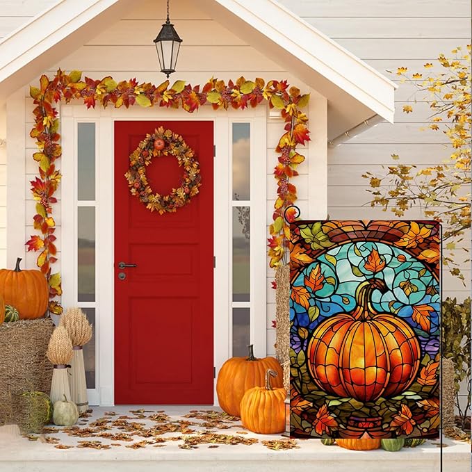 Fall Stain Glass Style Garden Flag 12 x 18 Inch Vertical Double Sided Fall Pumpkin Maple Leaves Small Yard Flag, Thanksgiving Autumn Harvest Holiday Outdoor Decoration