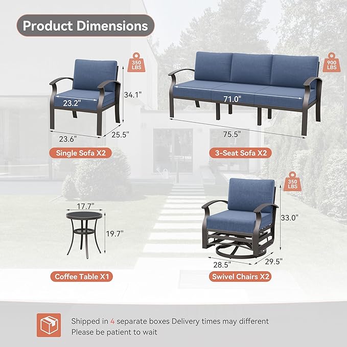 Kurapika Aluminum Patio Furniture Set 10-Seat Modern Metal Outdoor Conversation Sets w/Swivel Rocking Chairs Patio Sectional Sofa w/5.1 Inch Cushion, Navy Blue