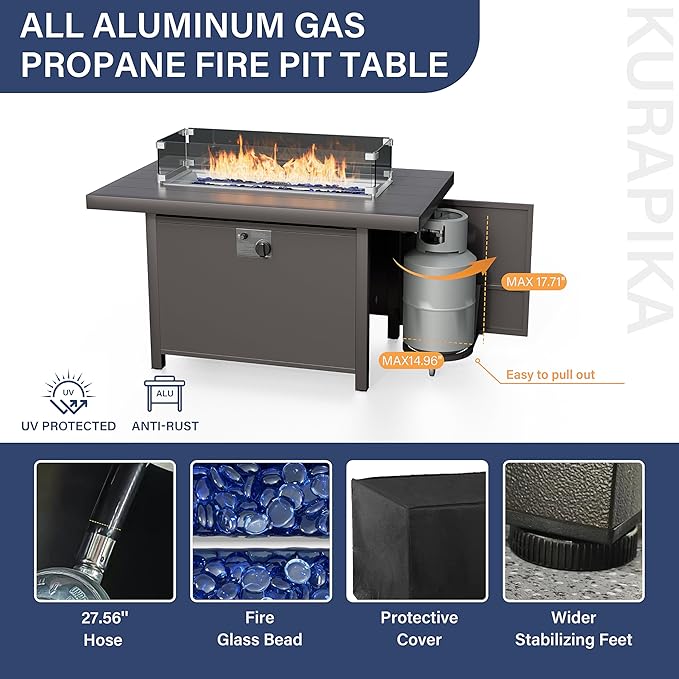 Kurapika Aluminum Patio Furniture Set 4-Seat Modern Metal Outdoor Conversation Sets w/45in Propane Fire Pit Table and Loveseat Sofa, Patio Sectional Sofa w/5.1 Inch Cushion, Grey