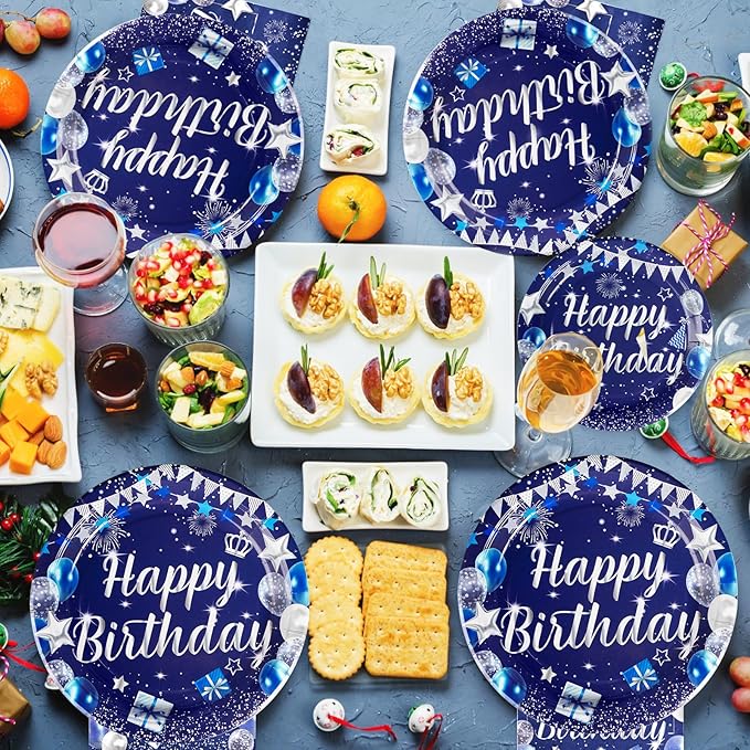 96Pcs Blue Birthday Party Supplies 350 GSM Navy Blue and Silver Plates and Napkins Disposable Tableware Sets Blue Happy Birthday Party Decorations for Men Women Birthday Party Favors Serves 24