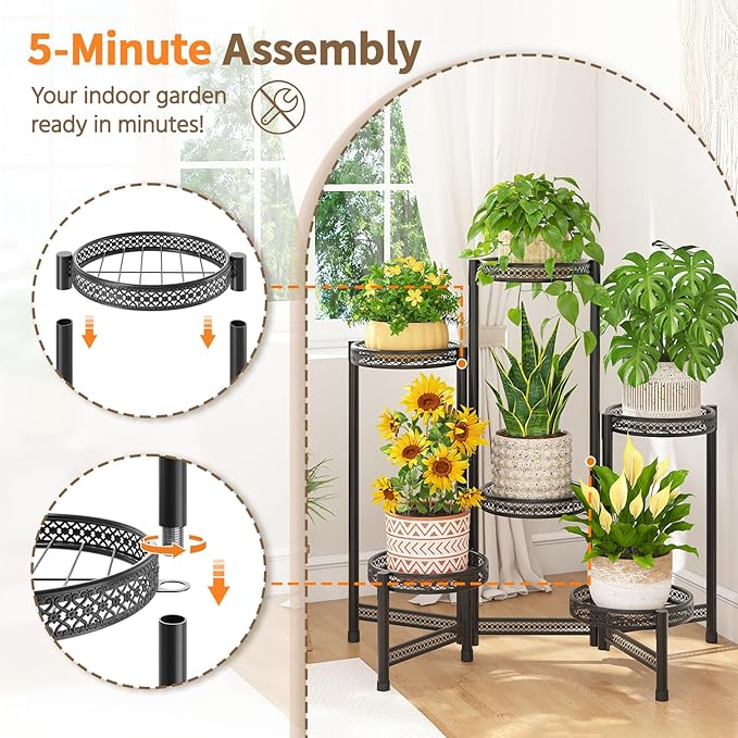 LASZOLA 6 Tiered Folding Tall Plant Stand Indoor Outdoor for Large Planter, Heavy Duty Metal Adjustable Multiple Flower Rack for Corner, Wrought Iron High Spiral Holder for Modern House Patio, Black
