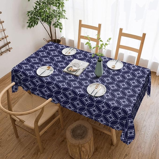 Indigo Circles Flower Table Cloth for Dining Tables,Reusable Blue White Abstract Floral Tablecloths Tabletop Decoration Rectangle Table Cover for Kitchen,Party,Holiday, 54x72 Inch