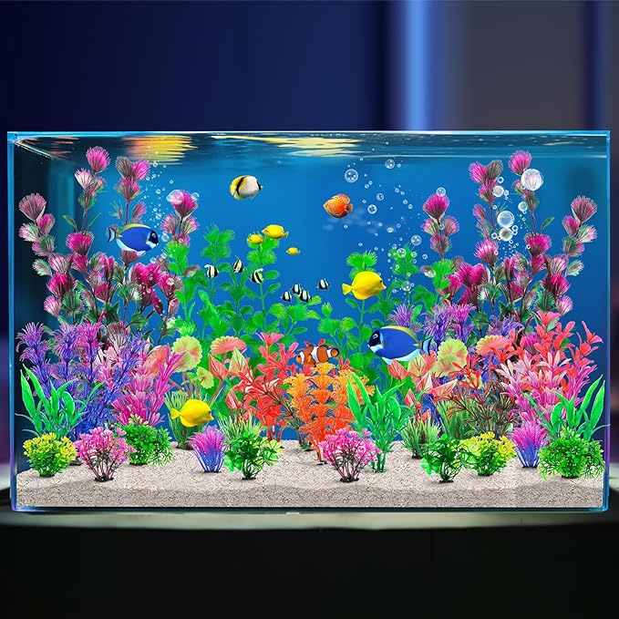 CousDUoBe 30Pcs Aquarium Plants, Fish Tank Accessories Artificial Aquatic Plants,Full Set of Fish Tank Decorations, Various Sizes