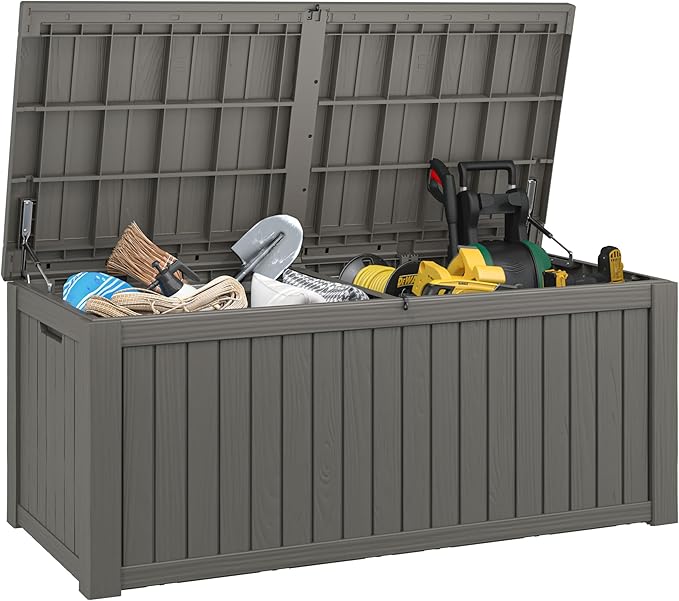 NUNU LAB 180 Gallon Outdoor Storage Box, Large Resin Deck Box with Double Wall Panels, Waterproof Patio Storage Bin for Garden Tools, Pool Accessories, Package Deliveries & Outdoor Gear,Grey