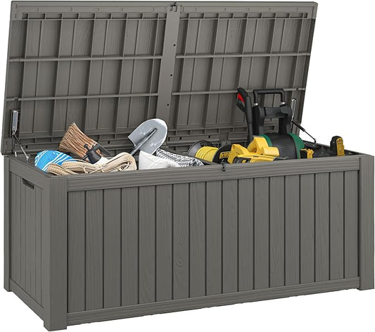 NUNU LAB 180 Gallon Outdoor Storage Box, Large Resin Deck Box with Double Wall Panels, Waterproof Patio Storage Bin for Garden Tools, Pool Accessories, Package Deliveries & Outdoor Gear,Grey