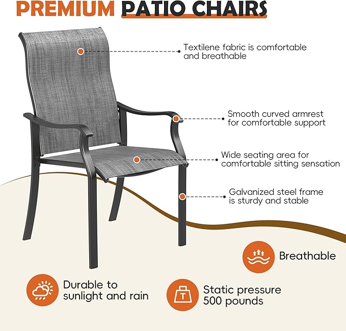 UDPATIO Patio Dining Chairs Set of 6, High Back Wide Seat Outdoor Furniture Chairs with All Weather Breathable Textilene, for Lawn Garden Backyard, Dark Grey