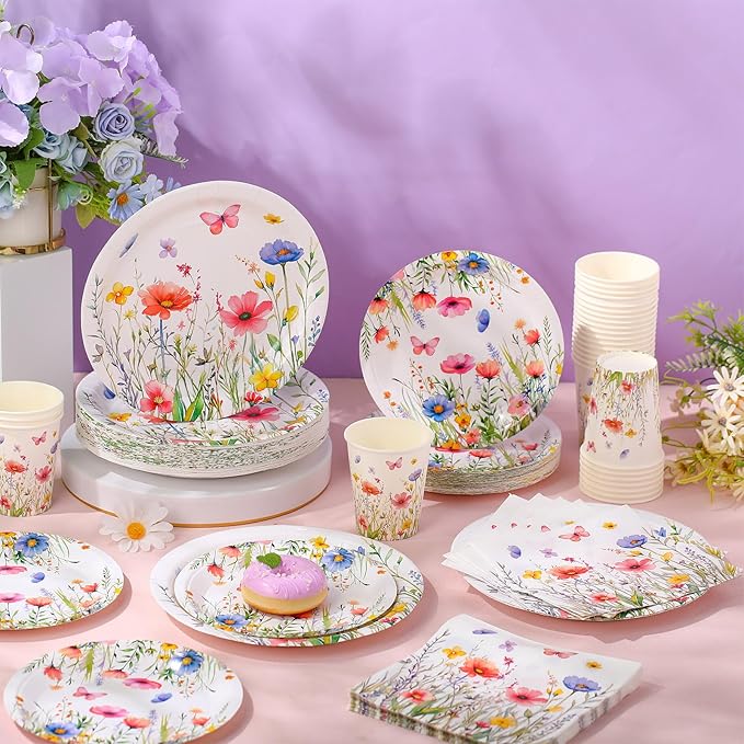 250 Pcs Wildflower Party Decorations Include Spring Summer Floral Paper Plates Napkins and Cups for Wildflower Baby Shower Tea Decorations, Serve 50 Guest(Colored,Vivid Style)